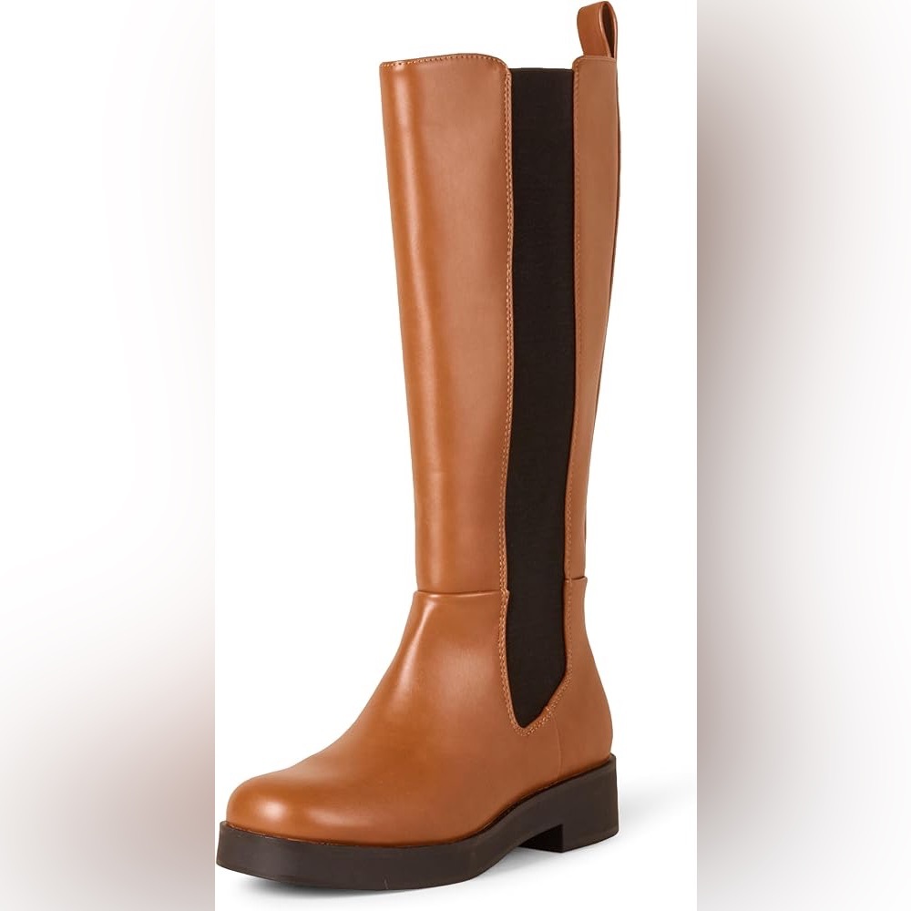Knee-High Tan Heeled Boots with Black Stretch Panel